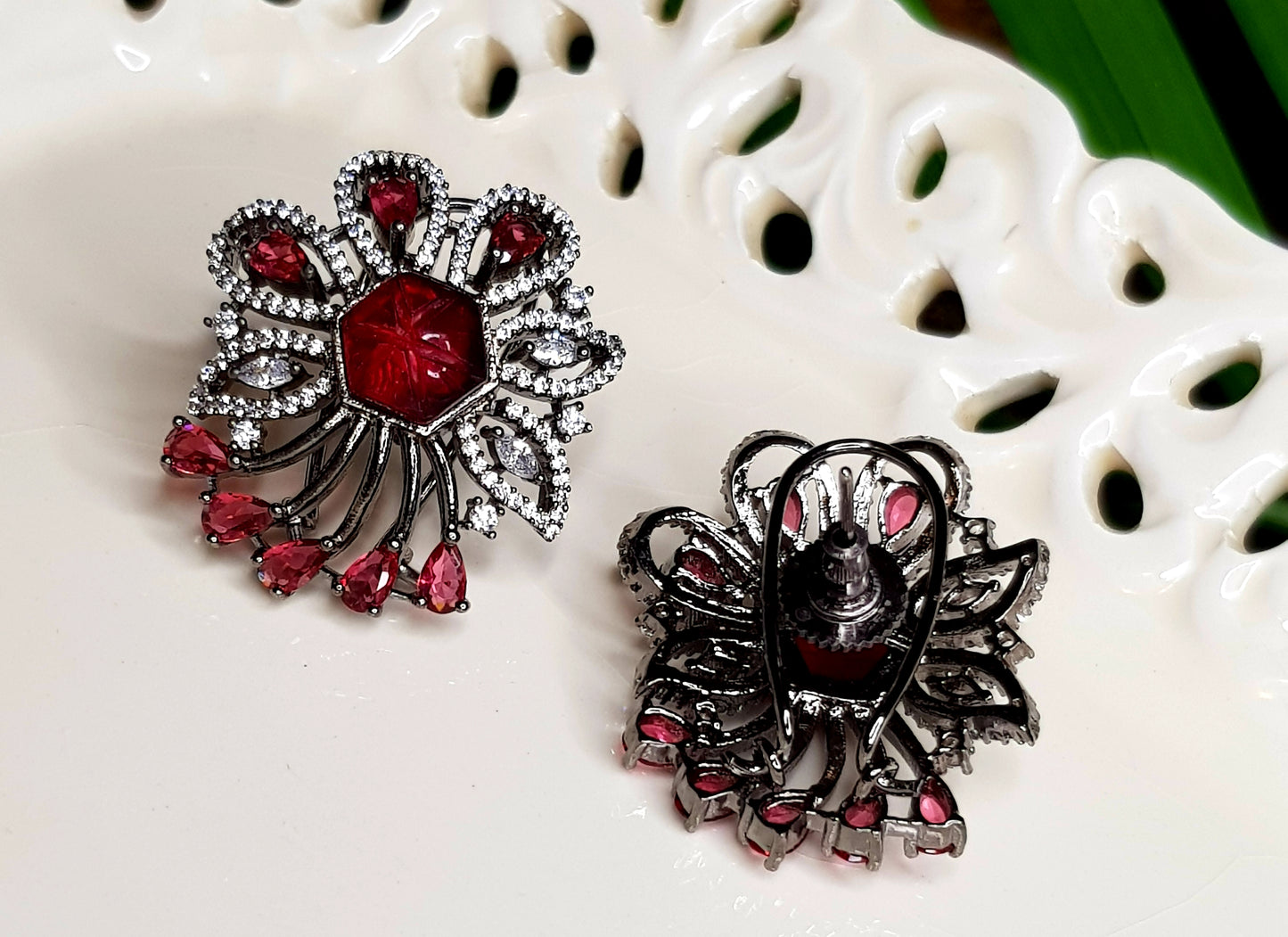 Victorian inspired Red/green flower motif studs (earrings) with CZ