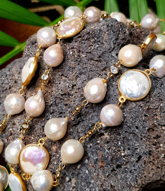 Elegant Baroque Pearl long necklace set in a gold chain