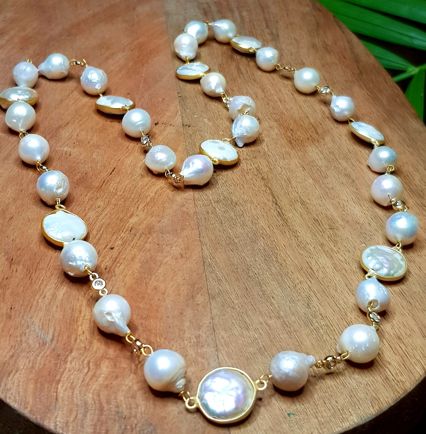 Elegant Baroque Pearl long necklace set in a gold chain