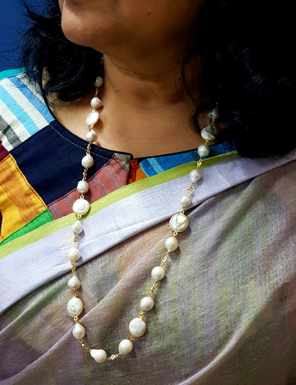 Elegant Baroque Pearl long necklace set in a gold chain