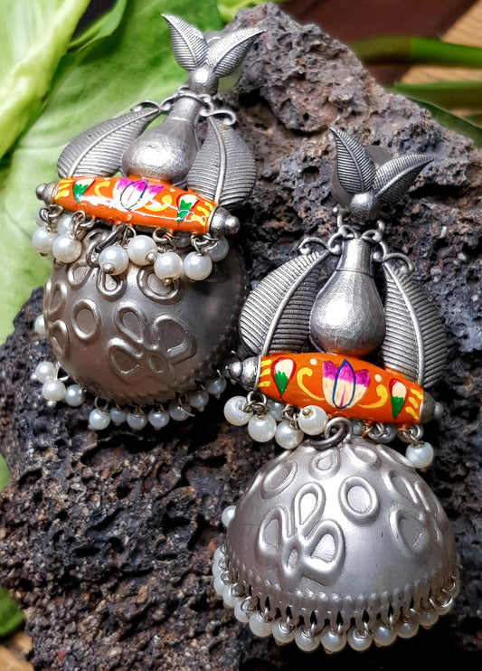 Silver finish orange/green hand painted big jhumka (earrings)