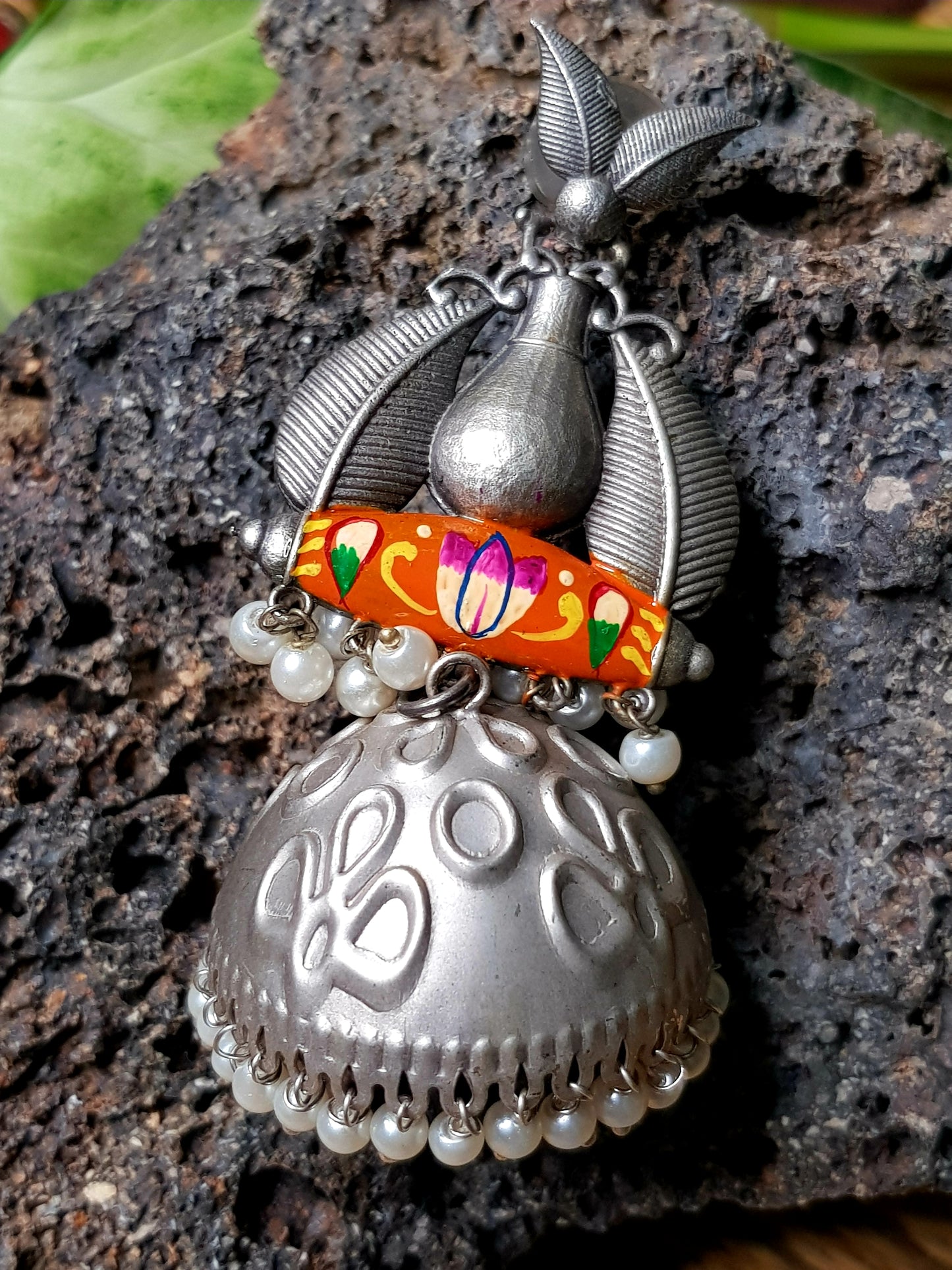 Silver finish orange/green hand painted big jhumka (earrings)