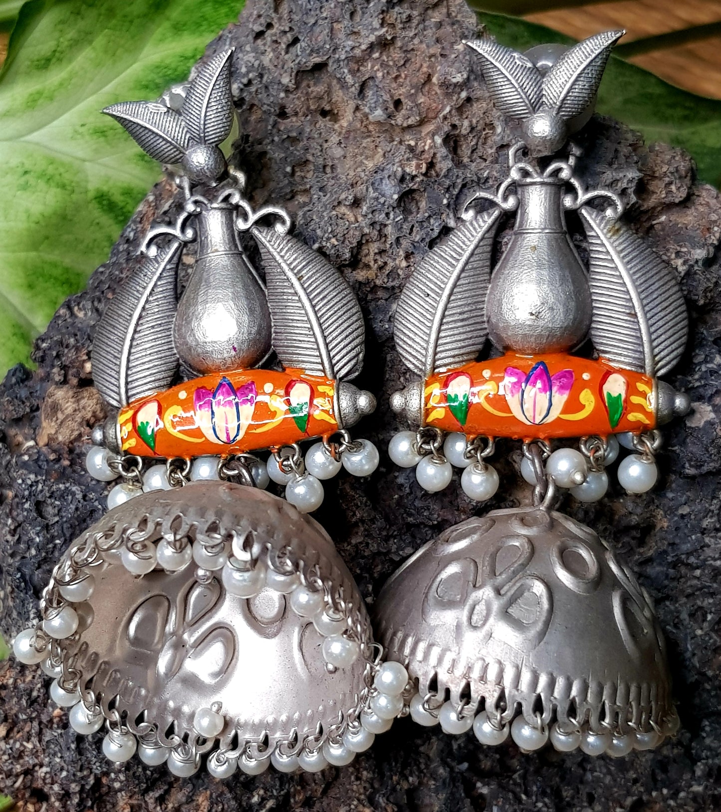 Silver finish orange/green hand painted big jhumka (earrings)