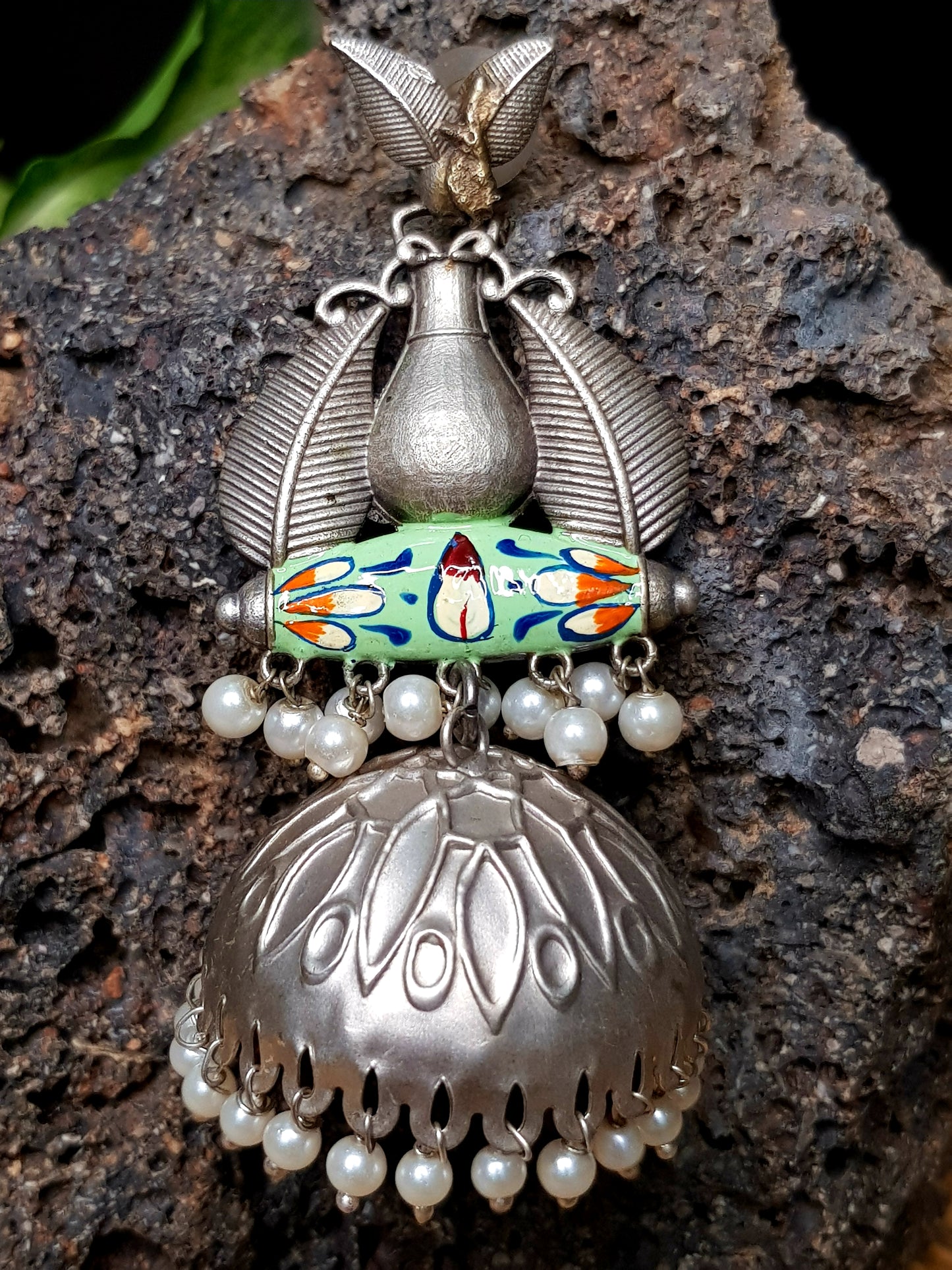 Silver finish orange/green hand painted big jhumka (earrings)