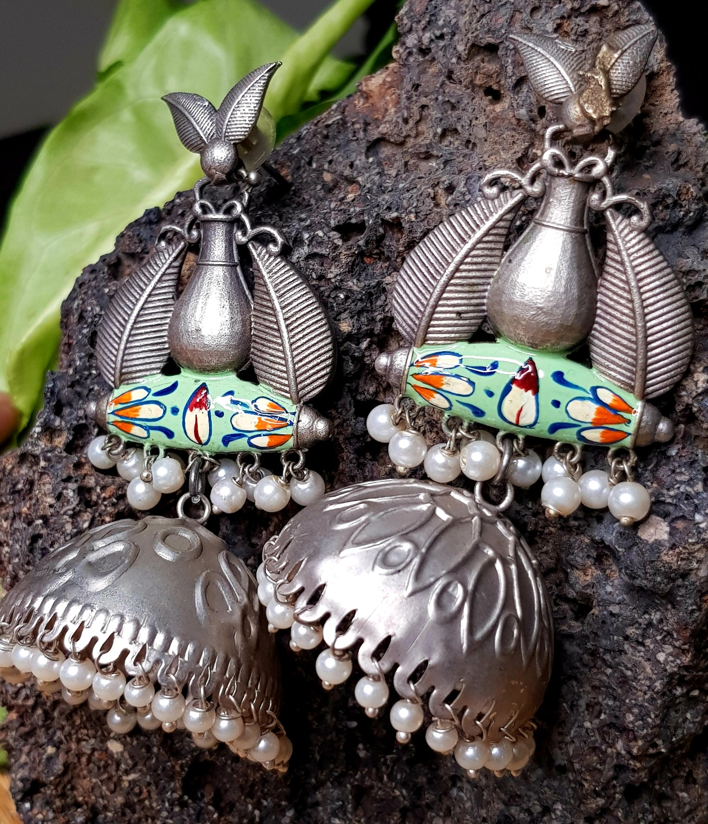 Silver finish orange/green hand painted big jhumka (earrings)