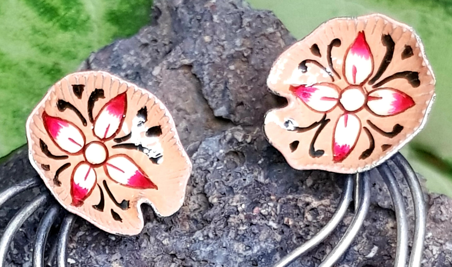 Silver finish hand painted lily pad motif earrings with peach stones