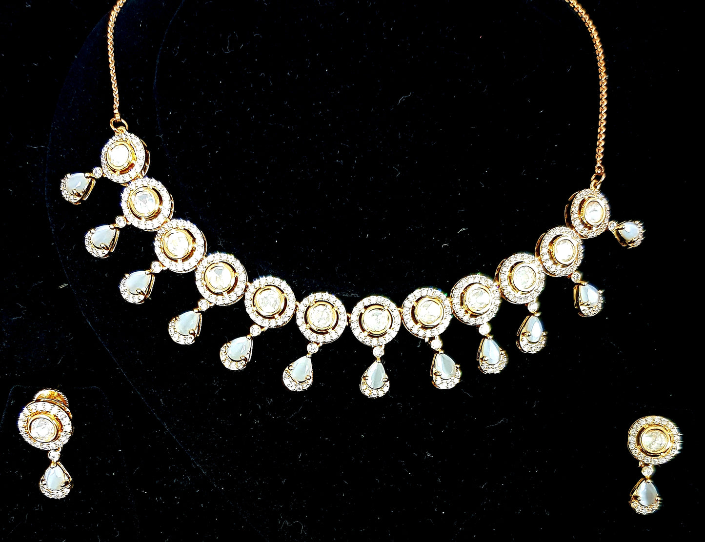 A beautiful kundan single strand set in gold finish and CZ detailing, stone hangings and matching earrings