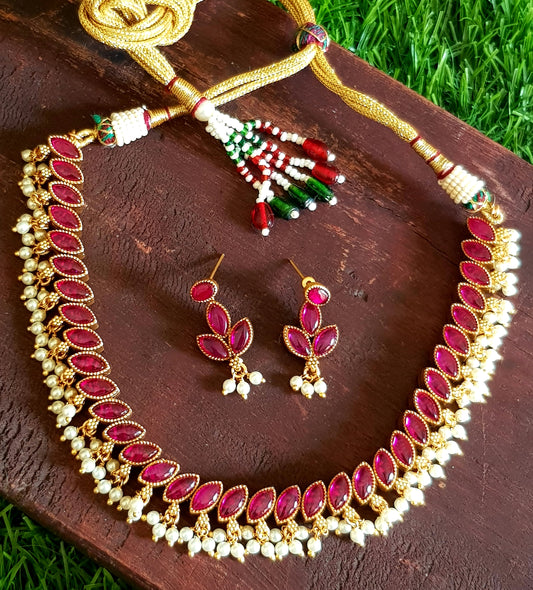 Reversible paachi kundan set, emerald and ruby stone inlay with pearl clusters, reversible matching earrings