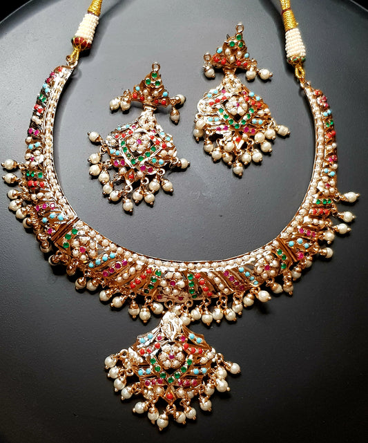 Navratan jadau hasli necklace, with matching earrings set