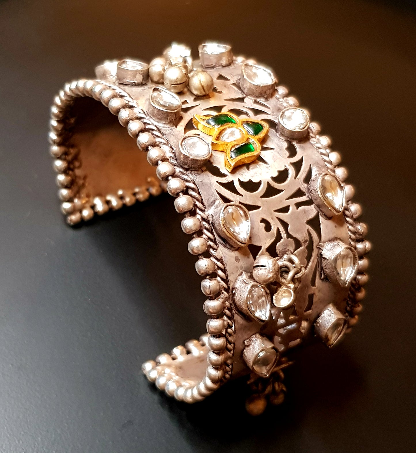 Silver finish kada (bangle) with kundan and meenakari (1 pc)