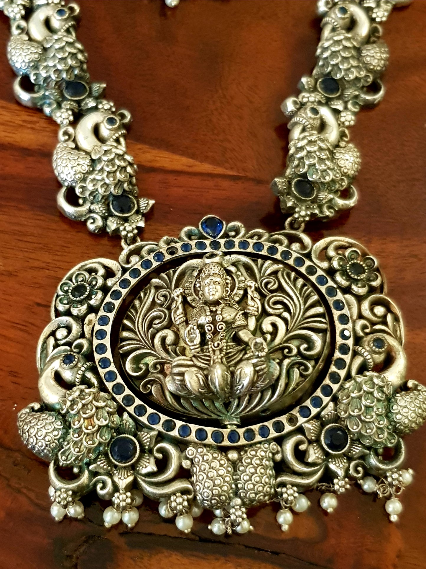 Antique silver finish temple jewelry set, lakshmi/flower motif reversible pendant set with long necklace, reversible earrings