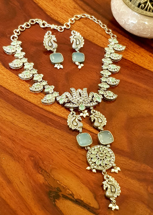 Antique silver finish set, Peacock motif necklace with pale green detailing, matching earrings set