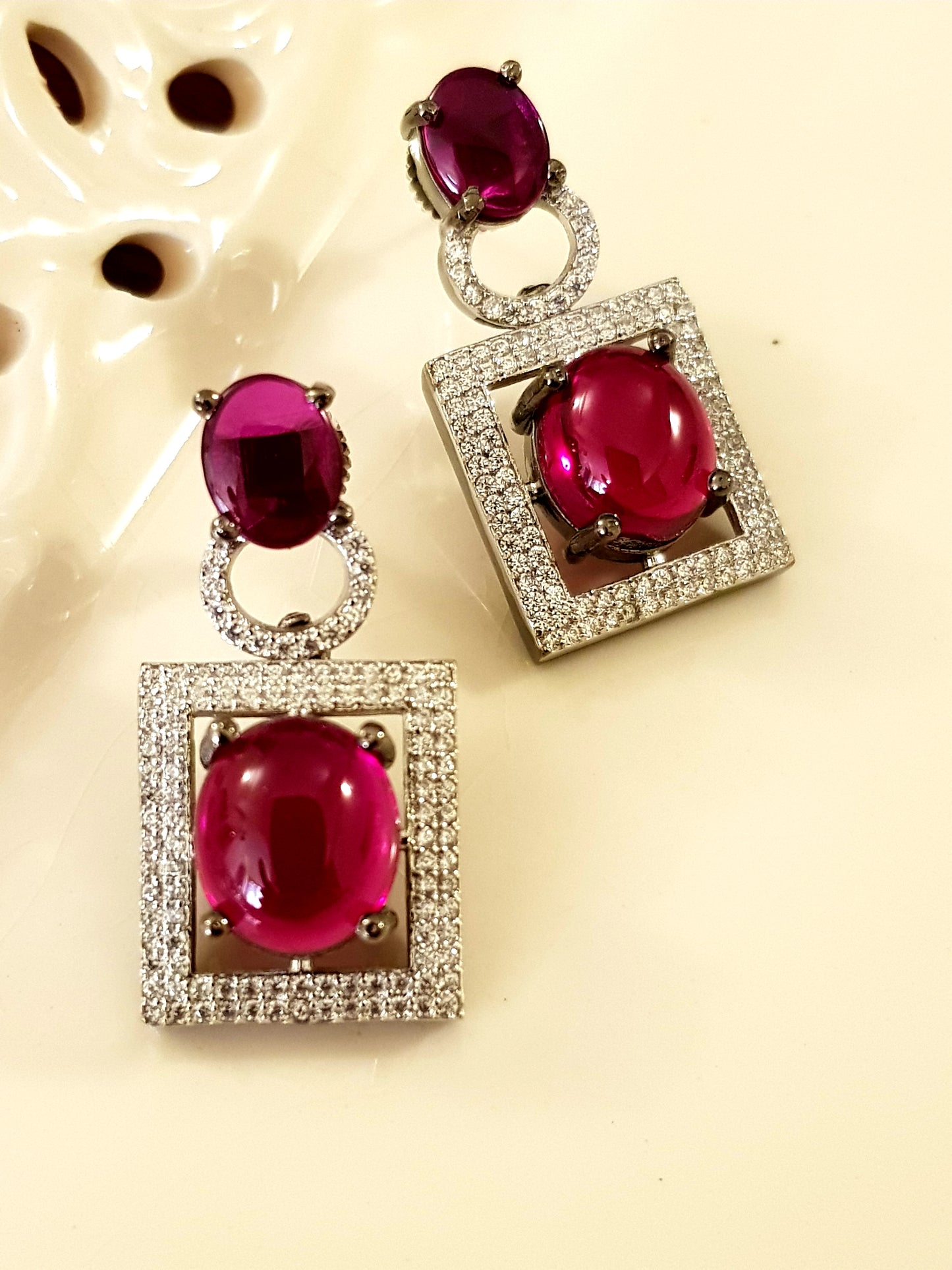 Platinum finish ruby stone and CZ set, long necklace and matching earrings