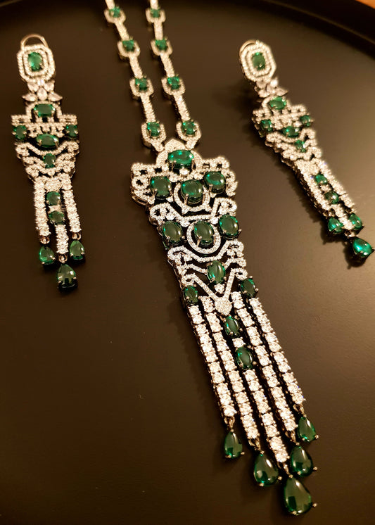 Platinum finish emerald/sapphire stone and CZ set, long necklace and matching long earrings