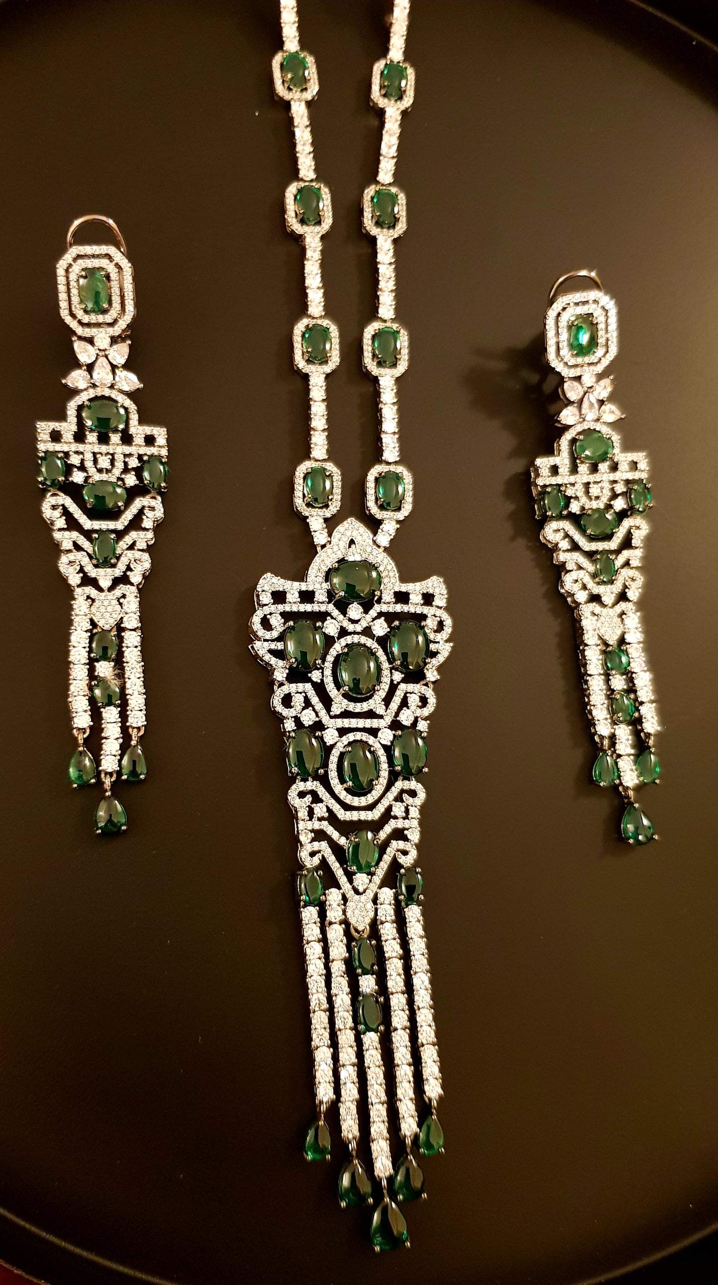 Platinum finish emerald/sapphire stone and CZ set, long necklace and matching long earrings