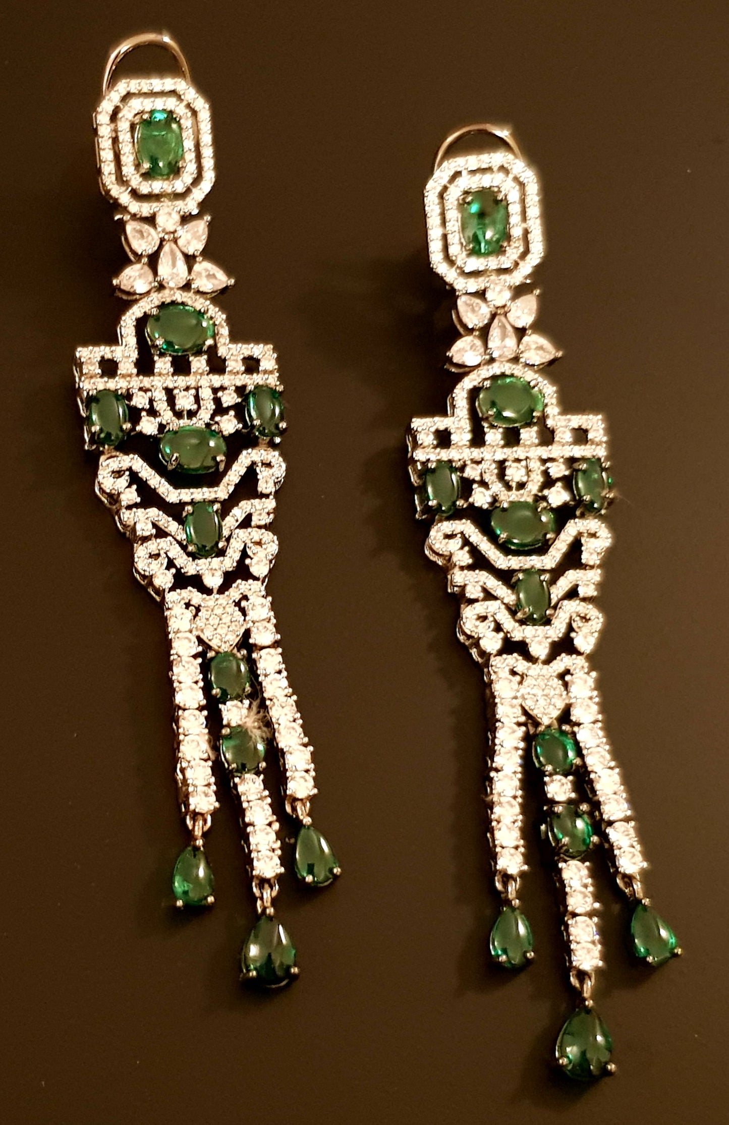 Platinum finish emerald/sapphire stone and CZ set, long necklace and matching long earrings