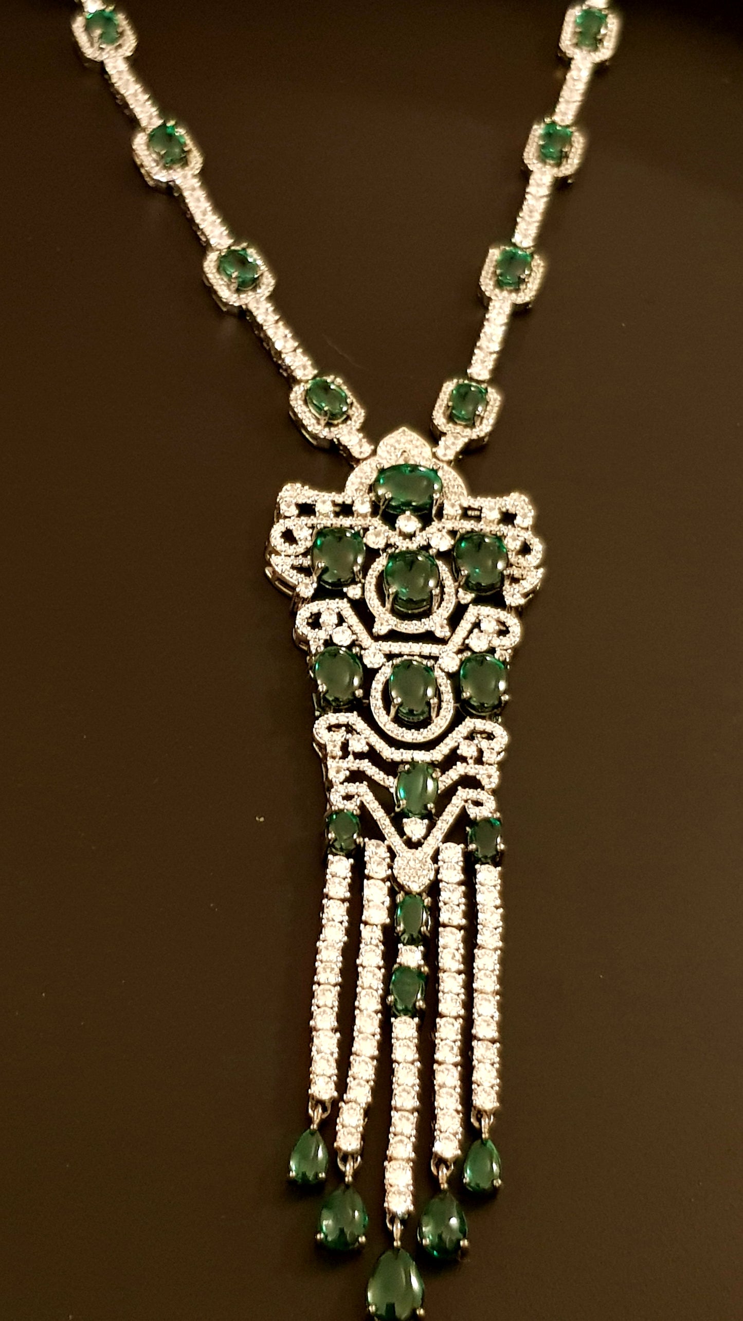 Platinum finish emerald/sapphire stone and CZ set, long necklace and matching long earrings