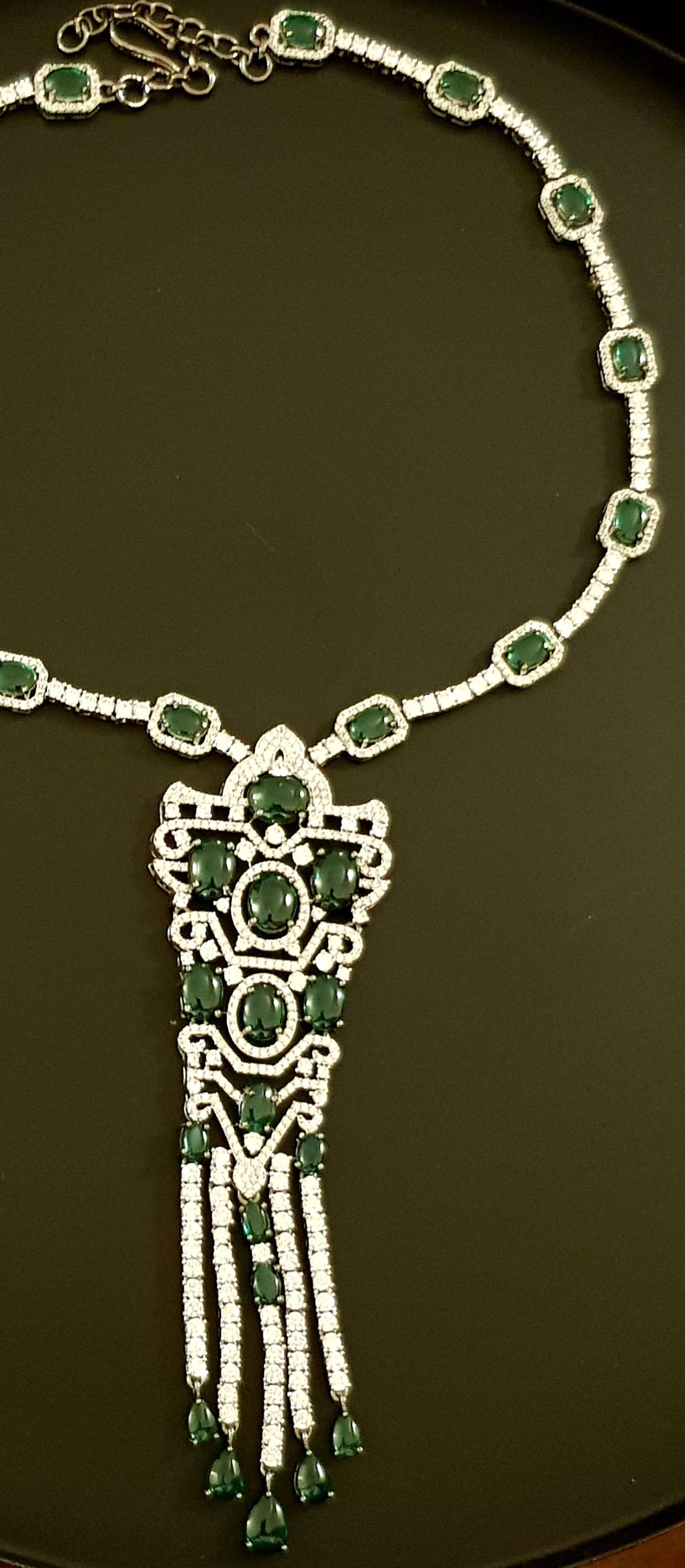 Platinum finish emerald/sapphire stone and CZ set, long necklace and matching long earrings