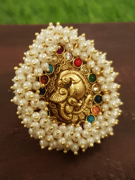 Temple jewelry parrot motif navratan ring with pearl cluster