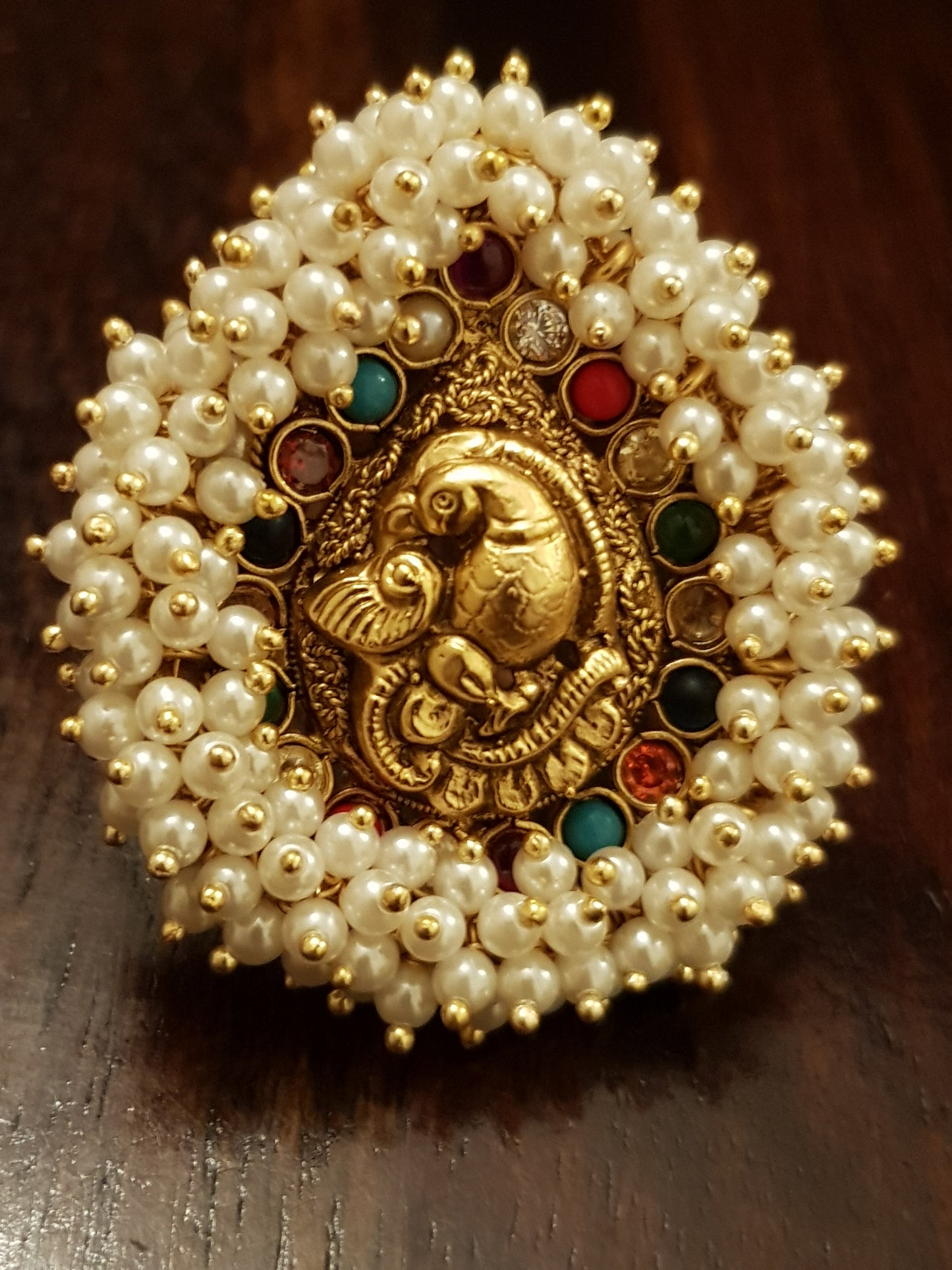 Temple jewelry parrot motif navratan ring with pearl cluster