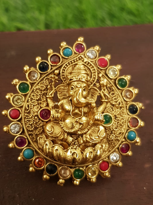 Temple jewelry ring with lord Ganesha motif and navratan stones