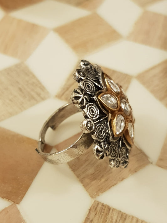 Silver finish ring  with kundan detailing