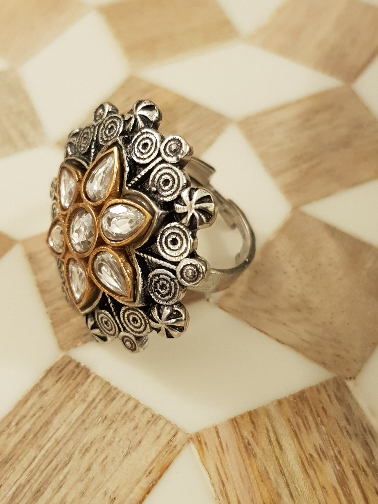 Silver finish ring  with kundan detailing