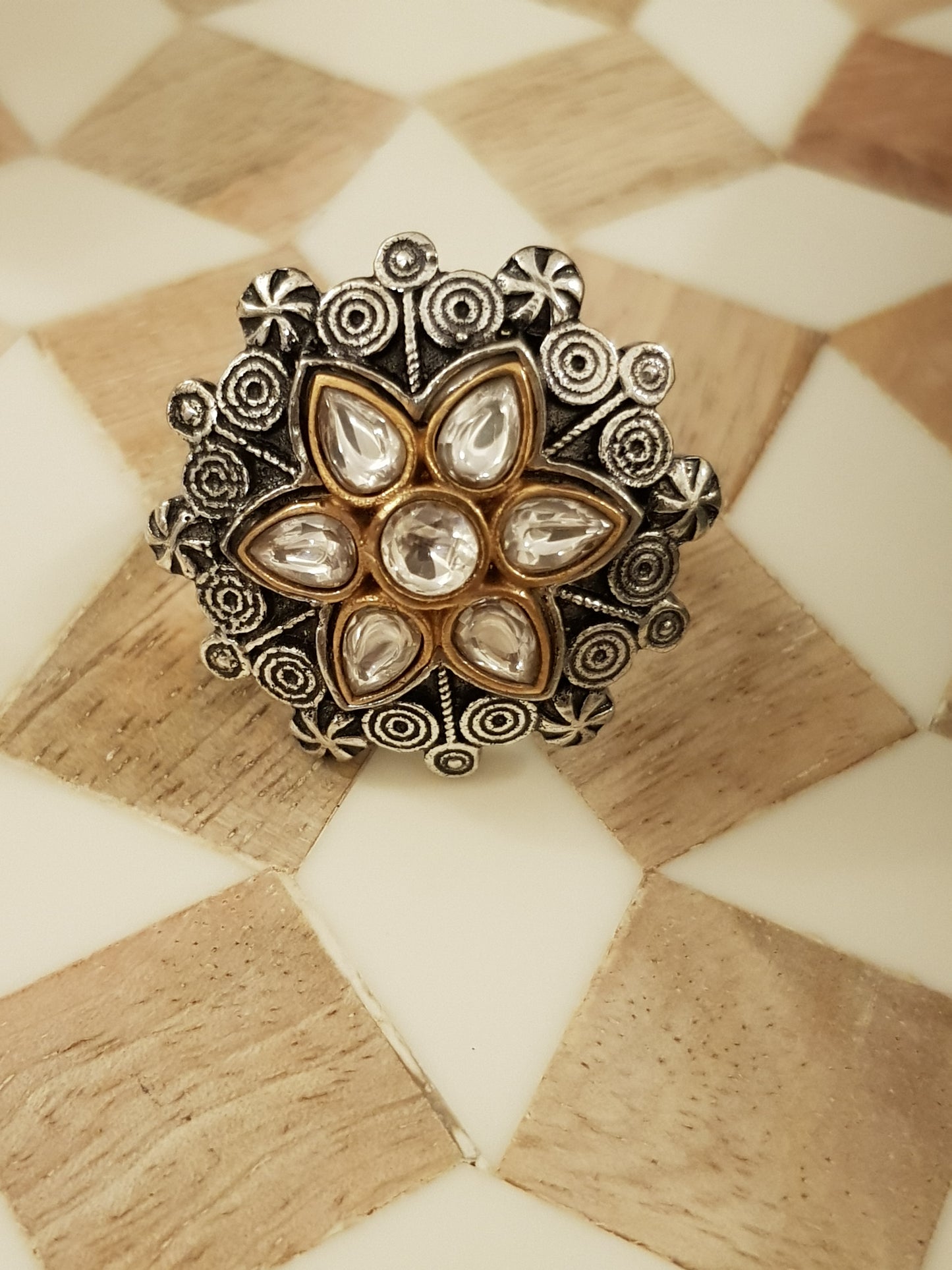 Silver finish ring  with kundan detailing