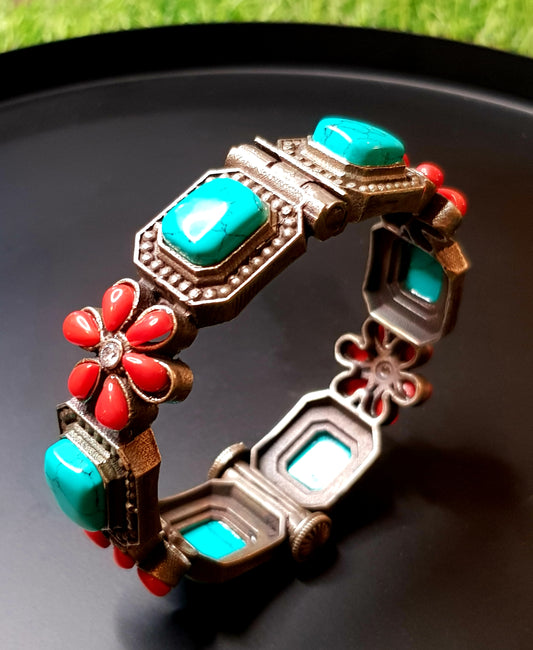 Silver finish bangle with coral/pale pink flower motif and turquoise(firoza)/teal green combinations, (1 pc)