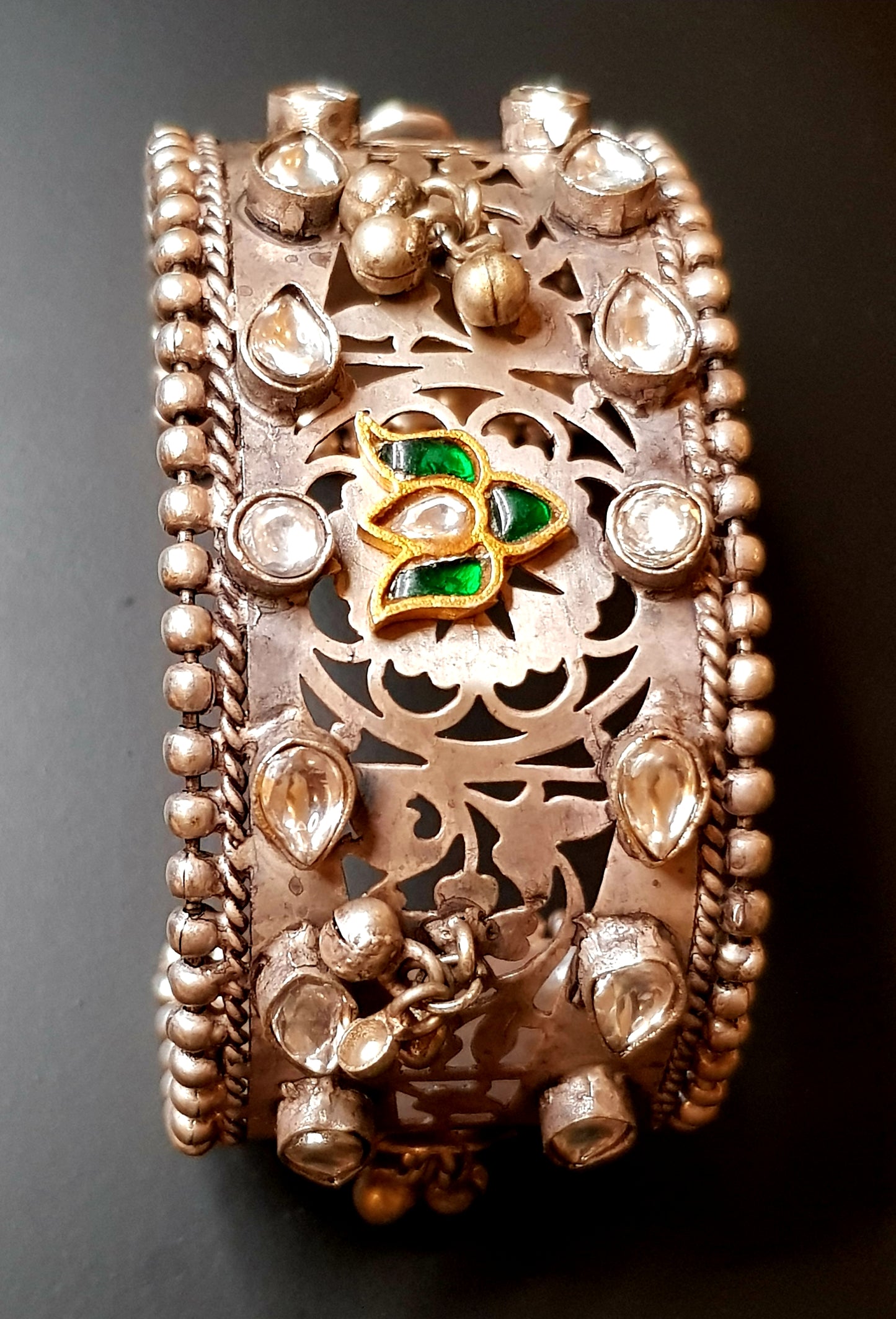 Silver finish kada (bangle) with kundan and meenakari (1 pc)