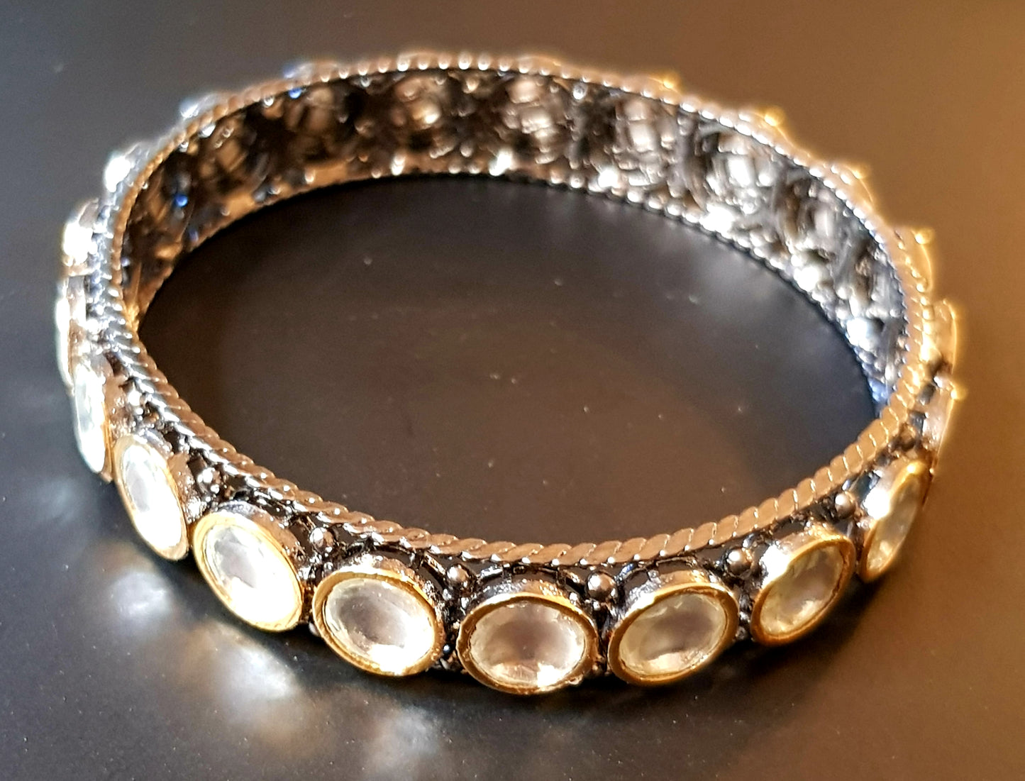 Antique silver finish bangle with kundan and gold edging detailing (1 pc, size - 2.6)