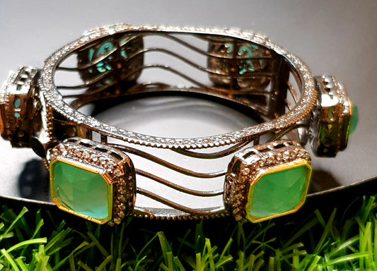 Antique silver finish bangle with mint green rectangular stones surrounded with CZ (1 pc)