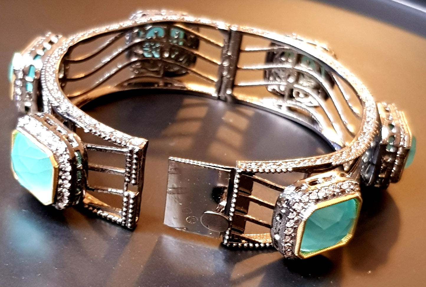 Antique silver finish bangle with mint green rectangular stones surrounded with CZ (1 pc)