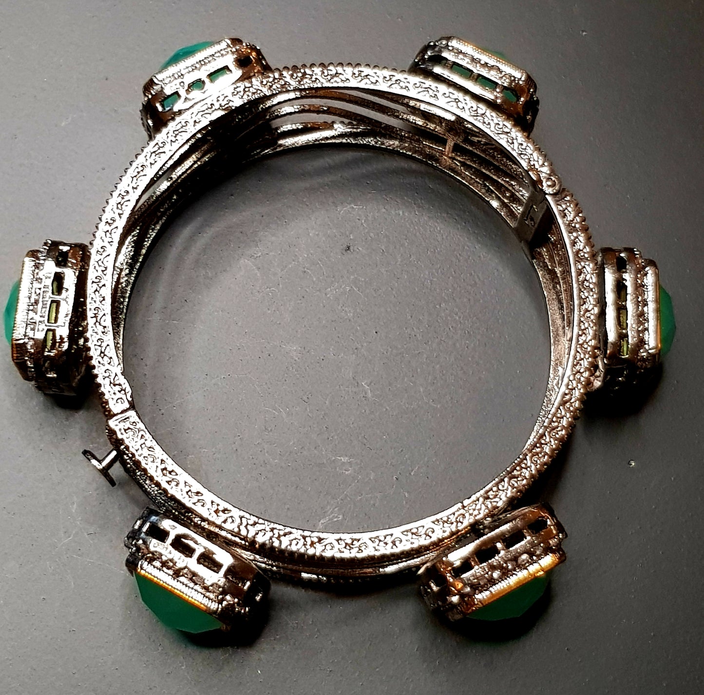 Antique silver finish bangle with mint green rectangular stones surrounded with CZ (1 pc)