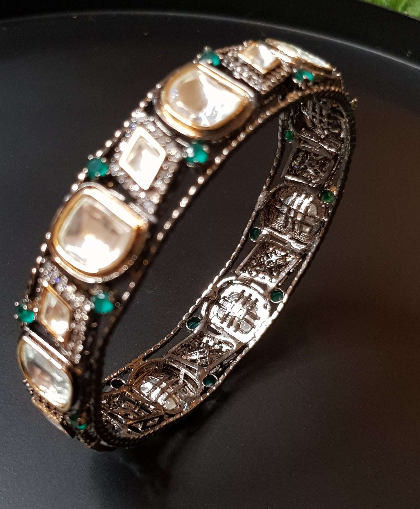 Antique silver finish bangle with kundan, emerald and CZ detailing (1 pc, size - 2.6)