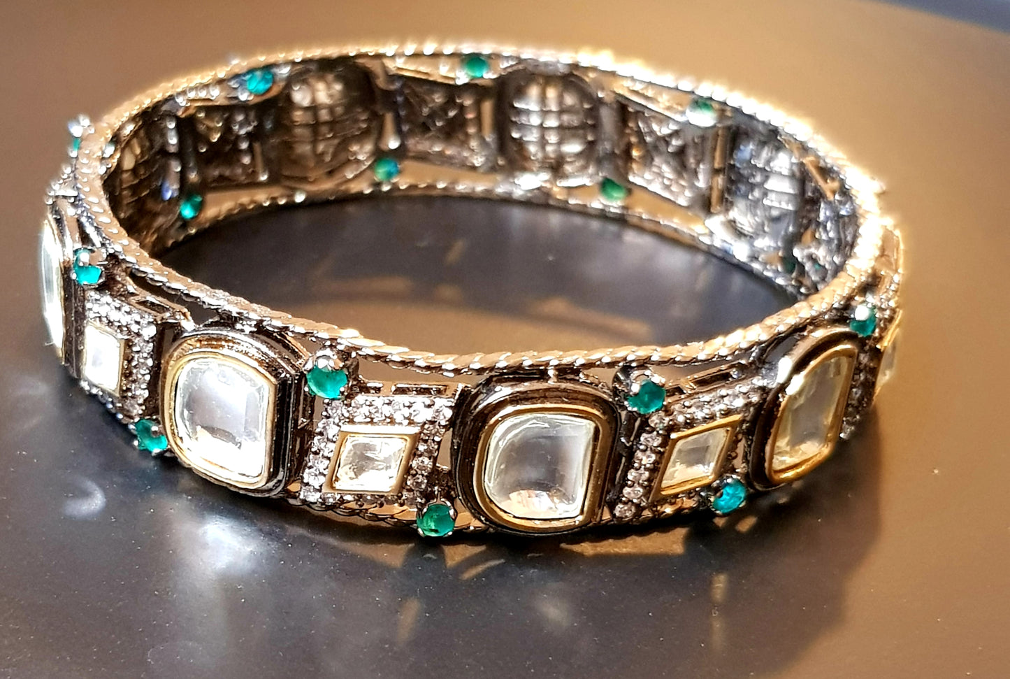 Antique silver finish bangle with kundan, emerald and CZ detailing (1 pc, size - 2.6)