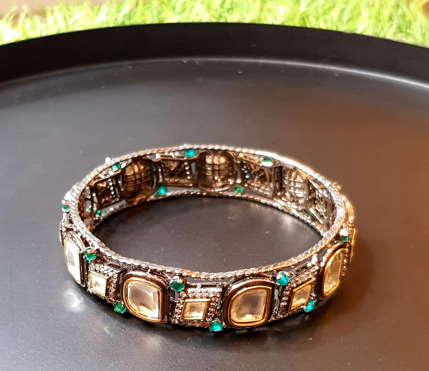 Antique silver finish bangle with kundan, emerald and CZ detailing (1 pc, size - 2.6)