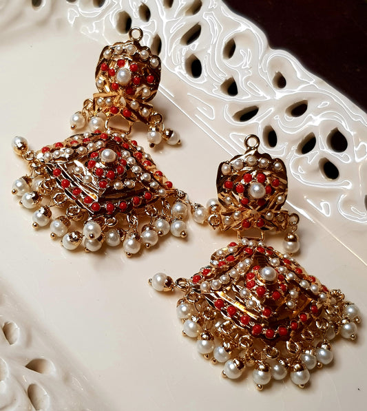 Jadau earrings with coral(red)stone and pearl inlay