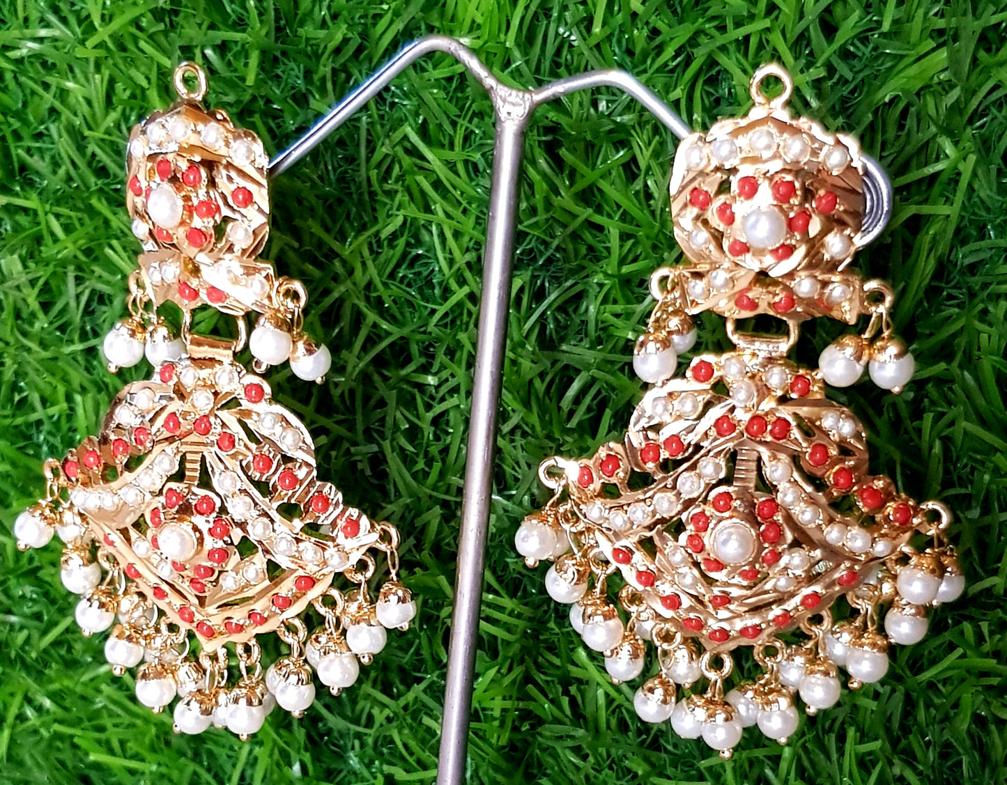 Jadau earrings with coral(red)stone and pearl inlay