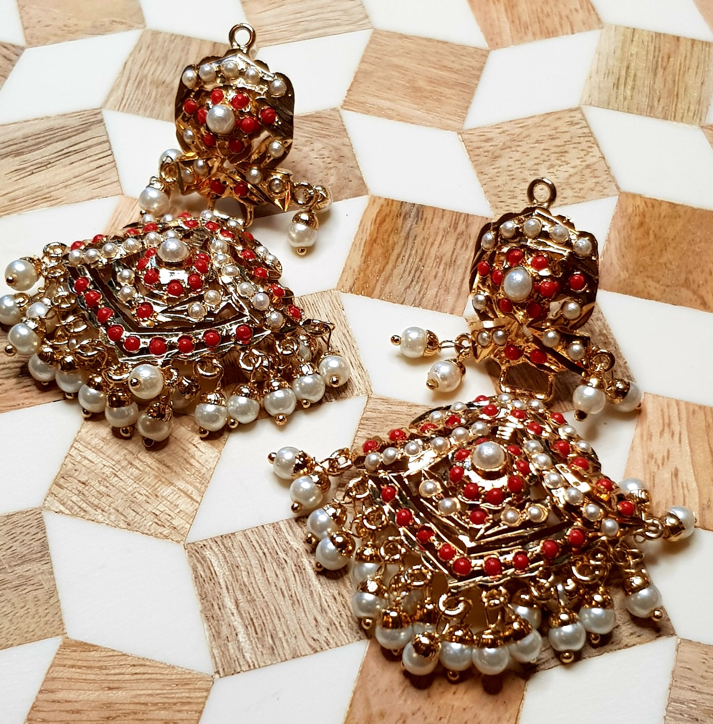 Jadau earrings with coral(red)stone and pearl inlay