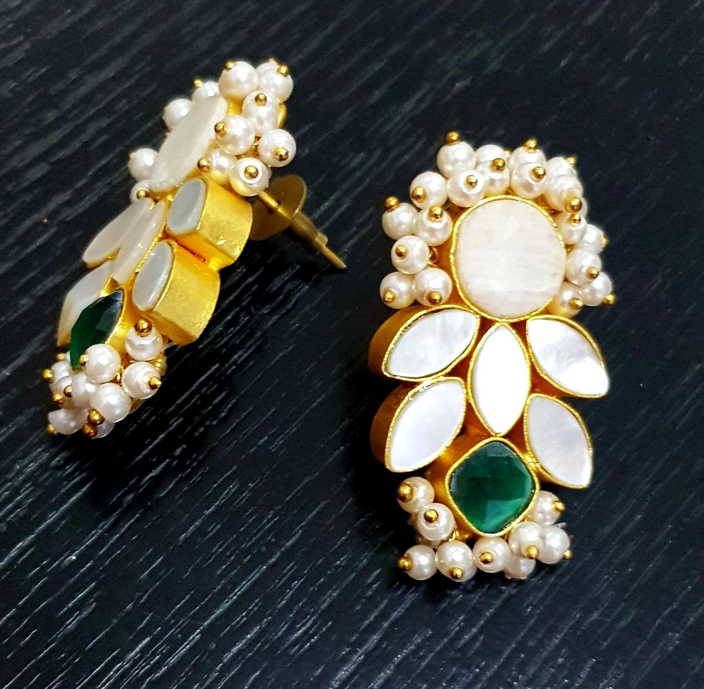 Gold finish earrings with mother of pearl, pearl clusters and green stone