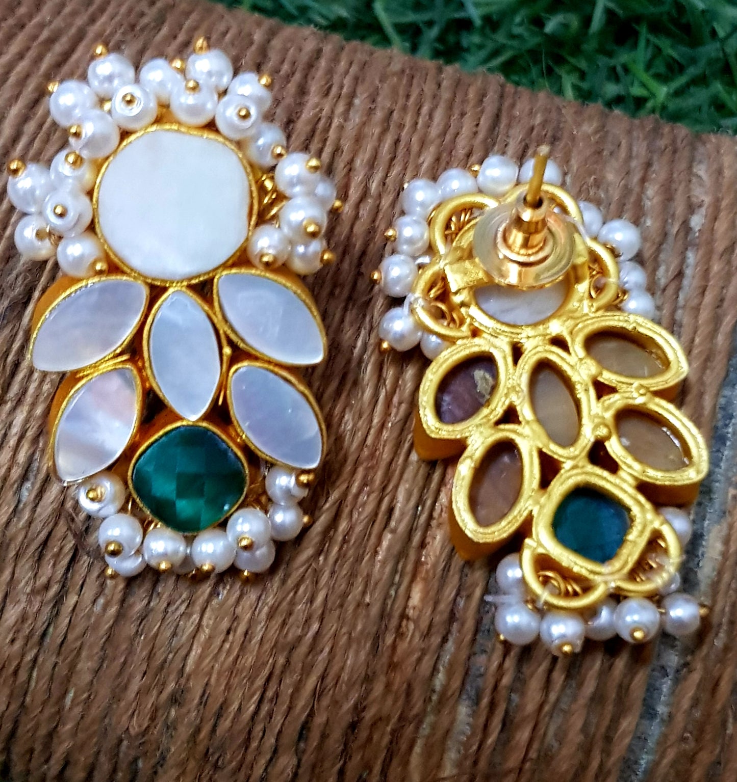 Gold finish earrings with mother of pearl, pearl clusters and green stone