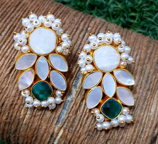 Gold finish earrings with mother of pearl, pearl clusters and green stone