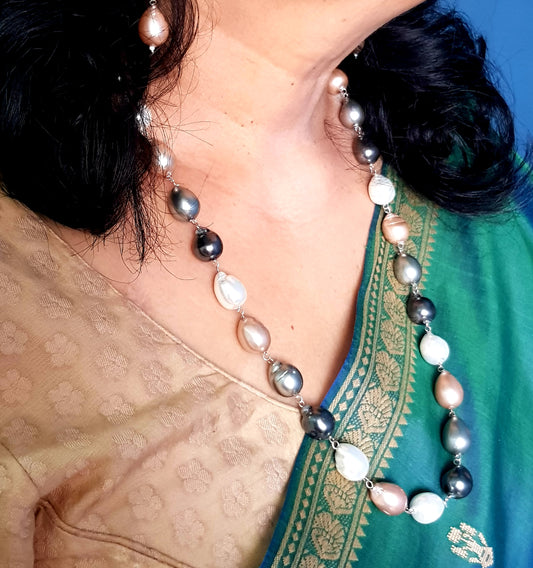 Baroque Pearl necklace set in different coloured pearls or only pink/white/grey, matching earrings