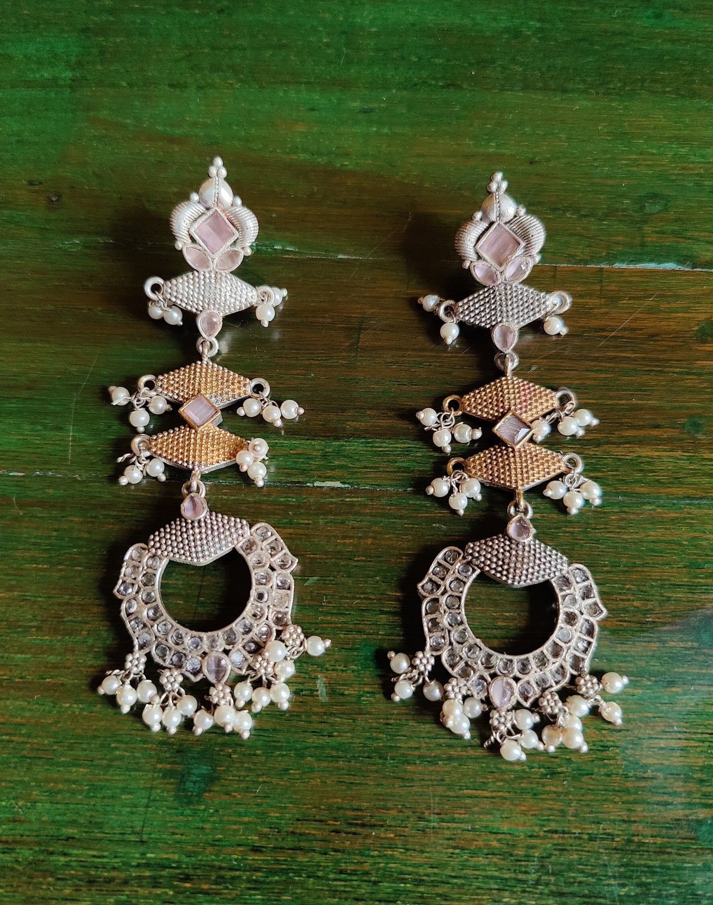 Earrings in dual tone with pale pink/deep pink/mint green coloured stone and pearls