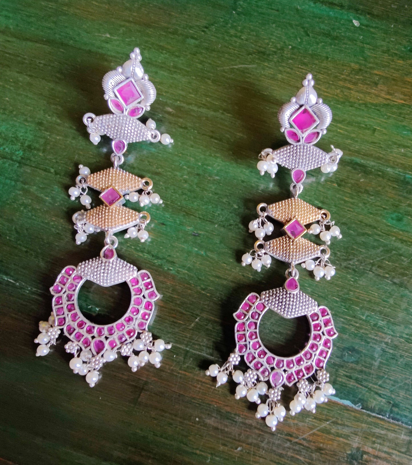 Earrings in dual tone with pale pink/deep pink/mint green coloured stone and pearls