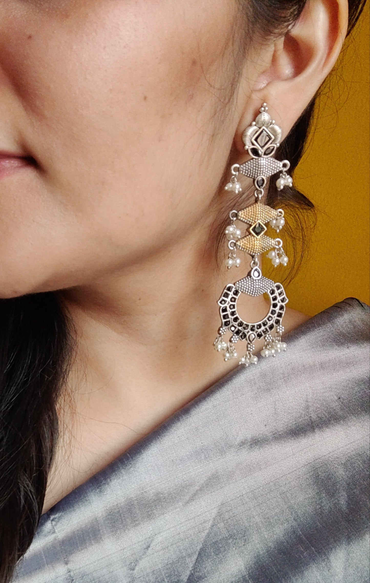 Earrings in dual tone with pale pink/deep pink/mint green coloured stone and pearls