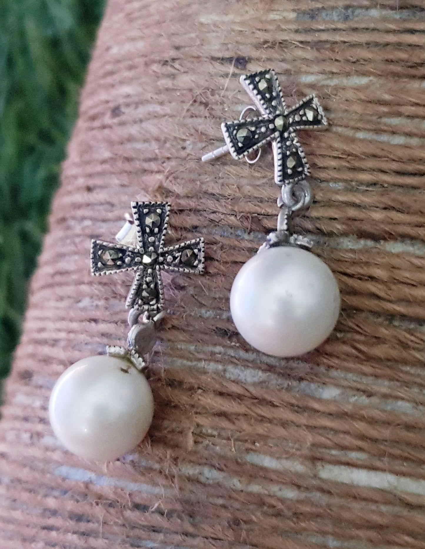 Silver earrings, hanging pearl on cross shaped marcasite studs