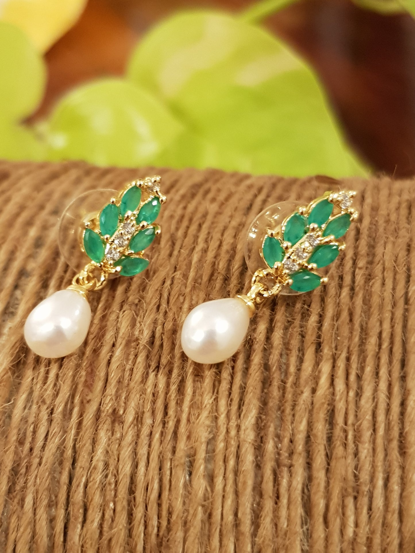 Gold polished pure silver earrings, pearl drop with leaf design in pink/green stones