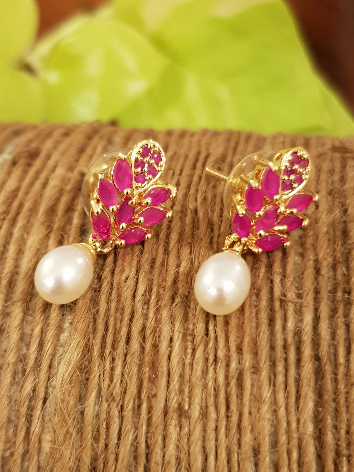 Gold polished pure silver earrings, pearl drop with leaf design in pink/green stones